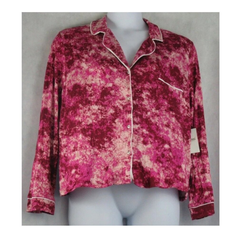 Jenni Women's Soft Knit Rayon Button-Front Pajama Top, Pink Red Tie Dye, XL